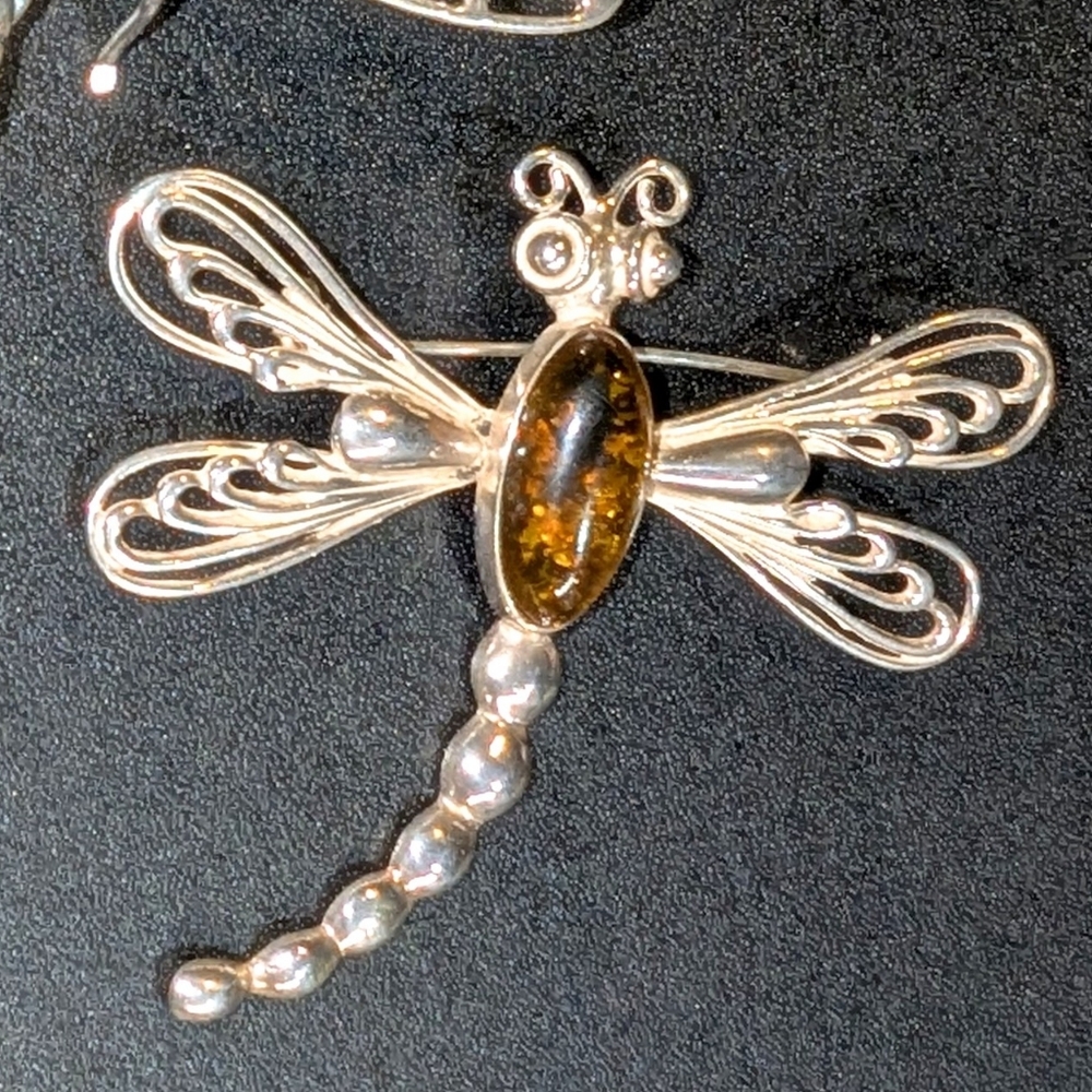 Sterling Silver and Baltic Amber Dragonfly Brooch Set